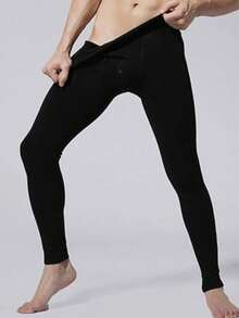 Men's Thermal Tights With Button One Size Color: Black - Black - View 2