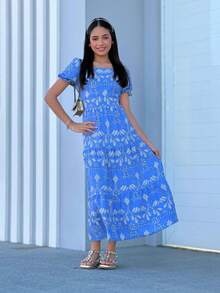 Long Youth Dress Modern Fashion In Lesse Print - Blue - View 2