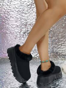 新款女士6厘米厚底毛绒内衬雪地靴，米色、驼色、黑色可选，保暖冬季平底踝靴，圆头套脚户外家居拖鞋，时尚靴子 - 黑色 - 查看 3