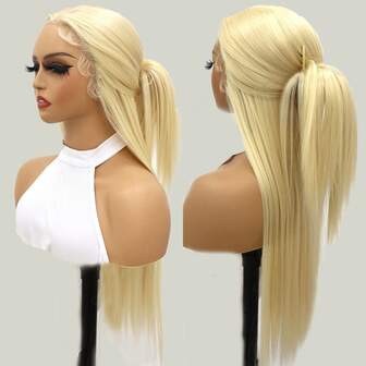 28 Inch 13x4 HD Lace Frontal Wigs Long Straight Blonde Wigs Synthetic Heat Resistant Fiber Hair Wig Premium Platinum Blonde Silk Straight 13*4 Hairpiece Wigs For Women With HD Transparent Lace Glueless Lace Natural Straight Wigs 200% Density Wigs
