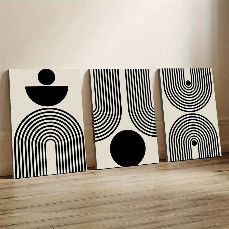 3pcs Black Abstract Wall Art With Geometric Minimalist Sun Lines Painting, Creative Canvas Poster, Waterproof Canvas Wall Art For Gifts, Bedroom And Living Room Wall Decor, Home And Dormitory Decoration