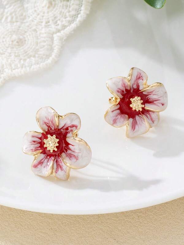 1 Pair Retro Elegant Gradient Flower Enamel Clip-On Earrings, Delicate Design Suitable For Office Ladies, Festivals And Gifts For Women