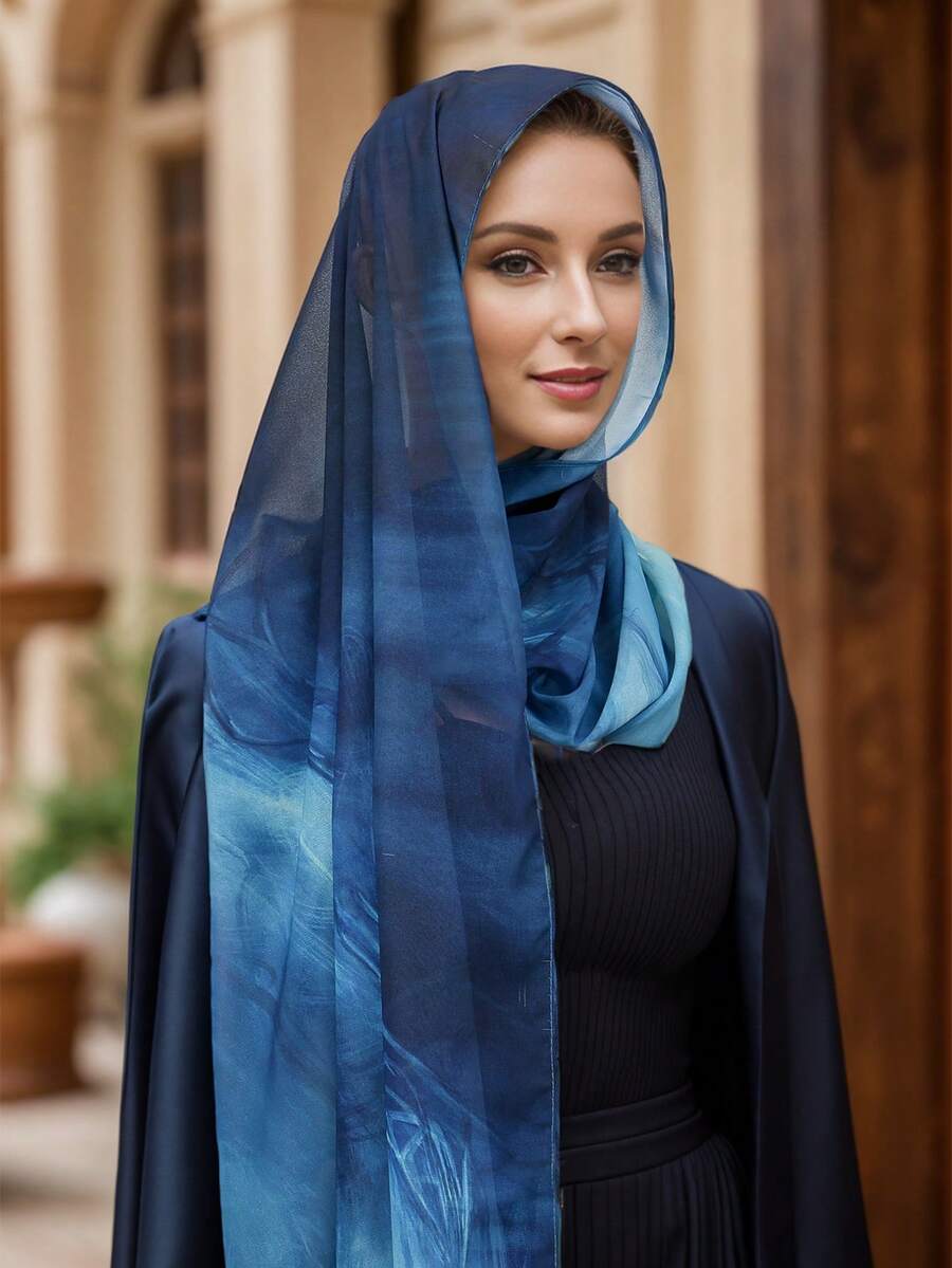 1pc Women's Bohemian Watercolor Print Headscarf, Muslim Sun Protection Headwrap, Elegant Versatile Scarf Shawl Suitable For Daily Wear