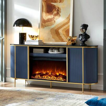 Luxury 70" Fluted Fireplace TV Stand, Modern Chic Entertainment Center For TVs Up To 80 Inches, TV Console With Faux Marble Top, Curved Profile Design, Media Console For Living Room, Navy Blue,10159899