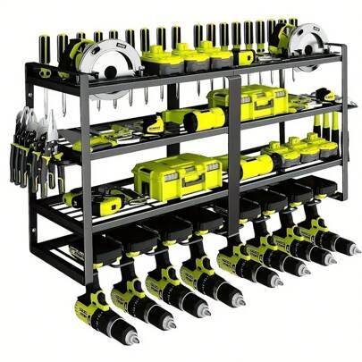 De banco 8 soportes de taladro pared colgante de acabado de herramientas eléctricas pesadas, estante de acabado y almacenamiento de herramientas de garaje de 4 pisos, estante de herramientas metálicas con soporte de destornillador / pinzas / martillo, estante suspendido