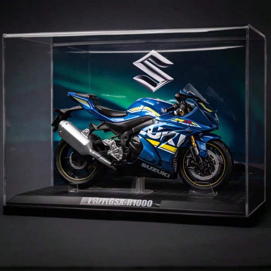 C C A 1:12 比例铃木 GSX-R1000 摩托车模型，黑色/蓝色可选，带/不带展示架，直立展示，旋转车把，后悬架功能，摩托车爱好者的理想选择，男孩和女孩的玩具，街头/越野摩托车装饰，万圣节、圣诞节、生日礼物