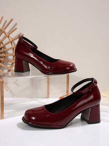 WiteFit 女士黑色漆皮时尚平底鞋，圆头厚底玛丽珍防水厚底鞋，适合所有季节