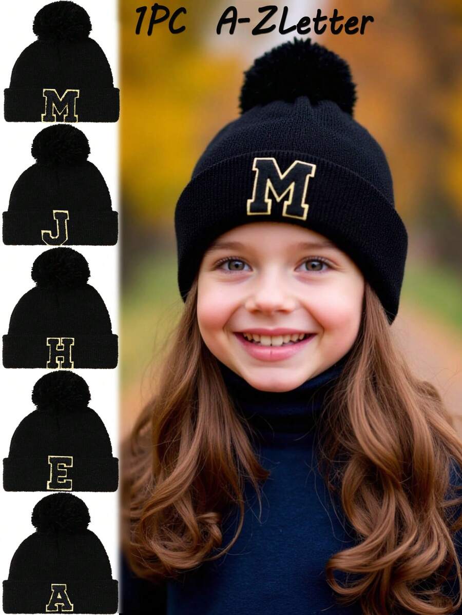 1pc Knit Hat With Pom Pom, Suitable For Baby Boys, Baby Girls, Children, Minimalist Style Winter Warm Hat, Suitable For Outdoor Activities And Daily Commute - Black - View 1