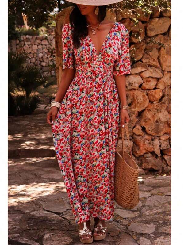 Vintage French Style Floral Print V-Neck Sleeveless Dress With Side Slit, Elegant And Chic