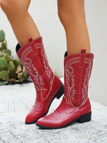 秋冬女式时尚刺绣复古西部牛仔靴，粗跟，套穿式，女靴，牛仔靴 - 紅色 - 查看 4