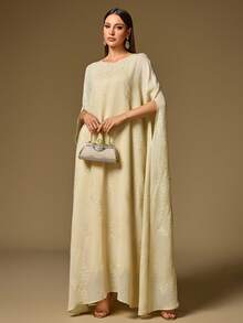 女士圆领休闲连衣裙，带有随机刺绣和后开衩 - 淡黃色 - 查看 6