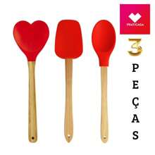 3-Piece Silicone Kitchen Kit With Bamboo Handle, Heart-Shaped Spoon, Spatula And Practical Spoon - Red - View 1