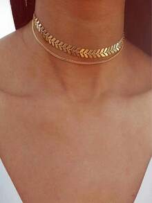 1pc Fashionable Fishbone Chain Double Layer Necklace For Women, Suitable For Vacation - View 1