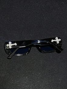 1pc Crystal Cross Heart Metal Decor Sunglasses, Retro Small Square Frame Tinted Vintage Classic Fashion Stylish Luxury Travel Eyewear, Tortoiseshell - Khung đen/phim xám toàn phần (có hình chữ thập kim cương) - Xem 9