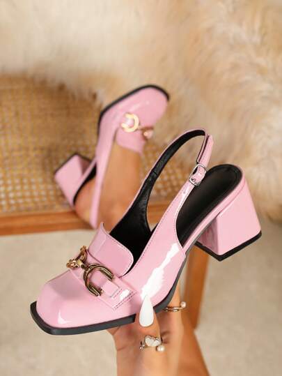 Herbst/Winter 2025 Damen Pumps mit dickem Absatz in Große Größen, quadratische Spitze, flaches Rosa, formelle Arbeitsschuhe mit Metallschnalle, sexy elegante Partyschuhe, große Größen, elegant