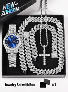 5 Pcs Hip Hop Gift Watch+Cross Pendant Necklace+Bracelet Creative Iced Out Miami Link Chain Jewelry Set For Men And Women - Royal Blue - View 2