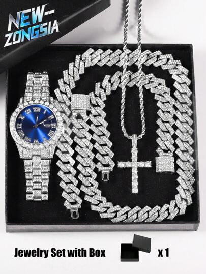 Juego De Joyería Moderna Y Fresca Para Hombres Y Mujeres, Reloj, Collar Con Colgante De Cruz, Brazalete Y Conjunto Creativo De Joyas De Cadena Miami De 5 Piezas