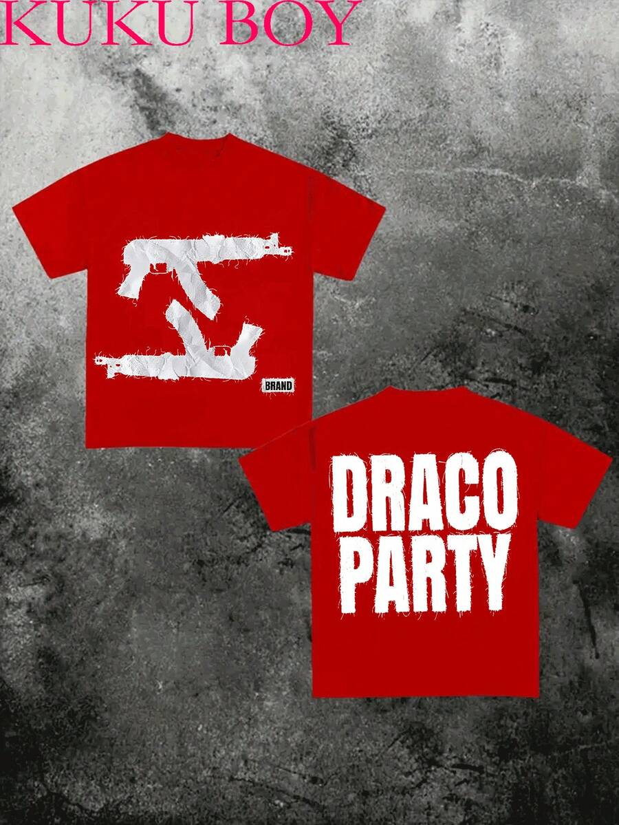 Kuku Boy Spear Printing (220g Pure Cotton T-Shirt) Cotton T-Shirt - Soft, Breathable, 100% Pure Cotton Fabric - Comfortable And Energetic Summer Street Style Short Sleeved T-Shirt, Cool Design Retro Summer Men's Daily Wear T-Shirt - 紅色 - 查看 1