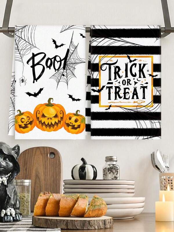 2pcs Halloween Kitchen Towels, Happy Halloween, Evil Pumpkin, Ghost Pattern Design Hand Towels, Dish Cloths, Suitable For Halloween Kitchen And Bathroom Decor, Outdoor Party Supplies For Bathroom Kitchen Decor