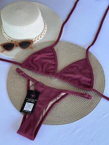 Ribbed And Adjustable Strap Bikini - Màu đỏ - Xem 2