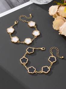 2pcs Classic Luxurious High-End Lucky Cute Black & White Clover Bracelets Set (No Gift Box) - Black and White - View 3