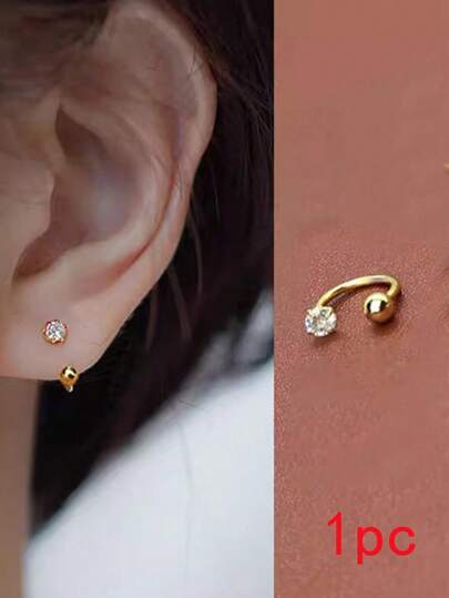 1pc Gold Stainless Steel C-Shape Zirconia Stud Earring, Screw-On Ear Cartilage Piercing, Lip Ring