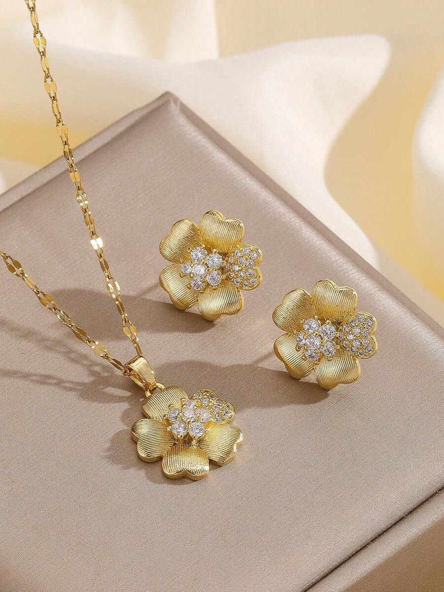 1 件不锈钢链项链、花卉吊坠项链和耳环首饰套装，轻巧奢华，个性化风格（不含礼品盒） - 金色花朵 - 查看 1