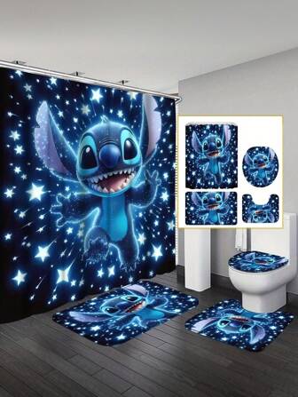 Disney 1 set van 4 Disney Stitch badkamerdecoratiesets, inclusief douchegordijn, badmat, U-vormige mat, toiletbrilhoes, badkamerdecoratie en accessoires