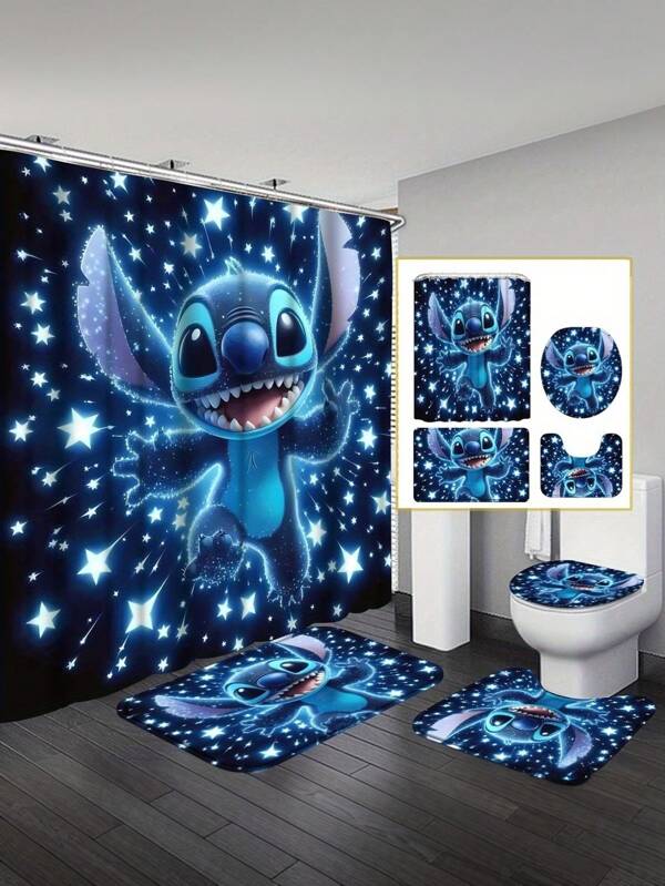 Disney 1 Set 4pcs Disney Stitch Bathroom Decor Set, Includes Shower Curtain, Bath Mat, U-Shaped Mat, Toilet Seat Cover, Bathroom Decoration And Accessories