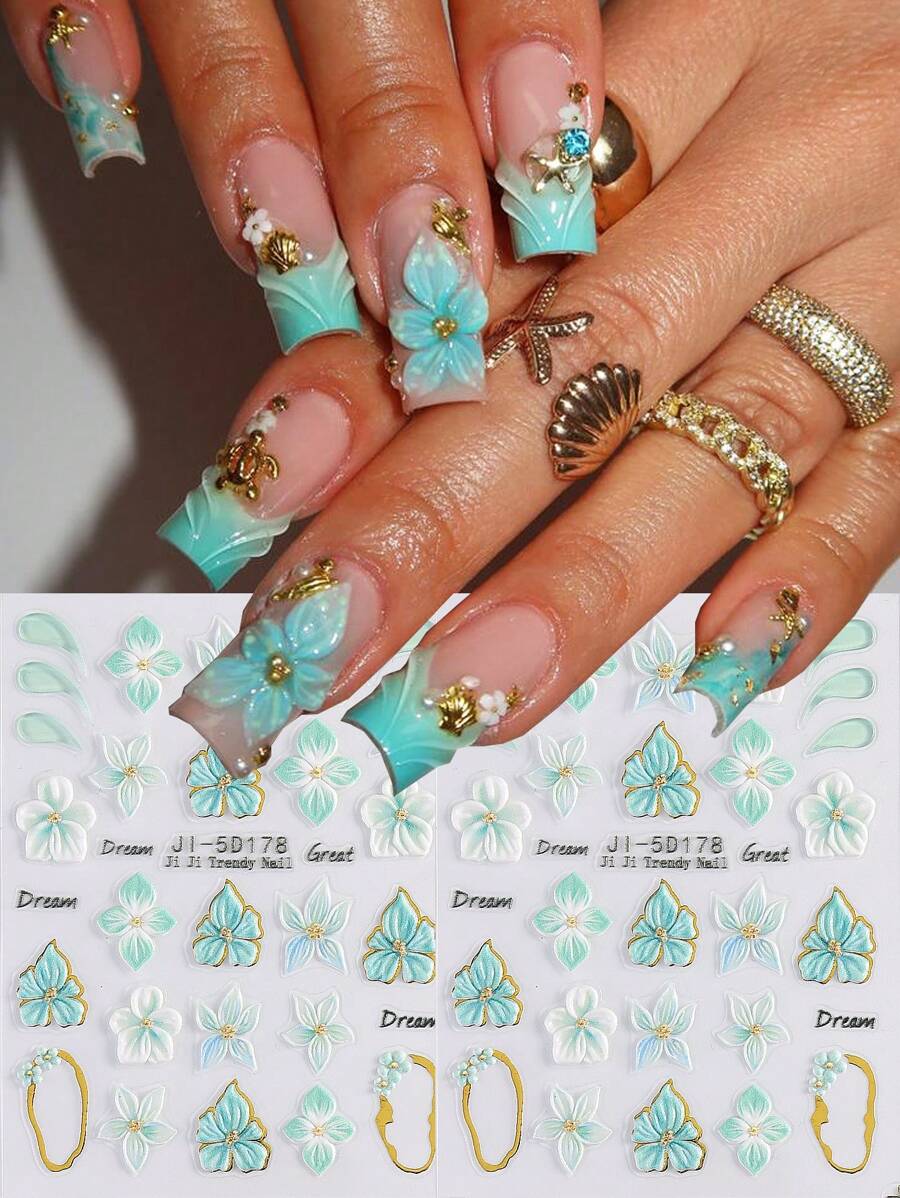 Carved Orchid Pattern Nail Stickers, Green Gold Floral Hibiscus Petal Embossed Design, Y2K Style Nail Art Decals - Multicolor - View 1