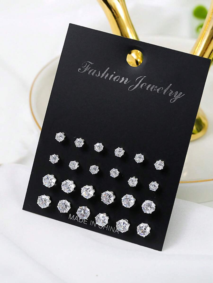 12 Pairs Minimalist Stud Earrings Set, Everyday Accessories For Girls - Silver - View 1