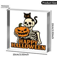 1 Pieza Cartel acrílico de Calabaza con Esqueleto y Gato de Halloween, Placa Feliz Halloween para estantería, escritorio o exhibición de fiesta, relleno de canasta de "Boo", decoración espeluznante, Cartel acrílico de Halloween, decoración del hogar, regalos, regalos de Navidad, regalos de cumpleaños