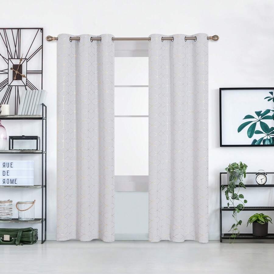 2 Pcs Blackout Curtains For Bedroom & Living Room - Diamond Foil Print, Grommet Top, Thermal Insulated & Room Darkening (Blocks Sun, Saves Energy) - 特白色 - 查看 1