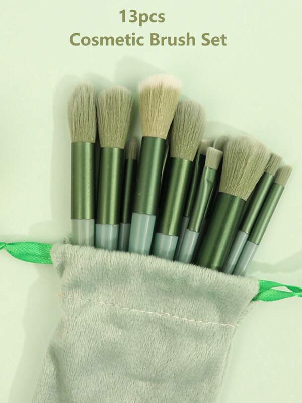 13pcs Evergreen Brown Makeup Brush Set, Convenient Powder Brush, Blush Brush, Eyeshadow Brush, Full Face Makeup Tools