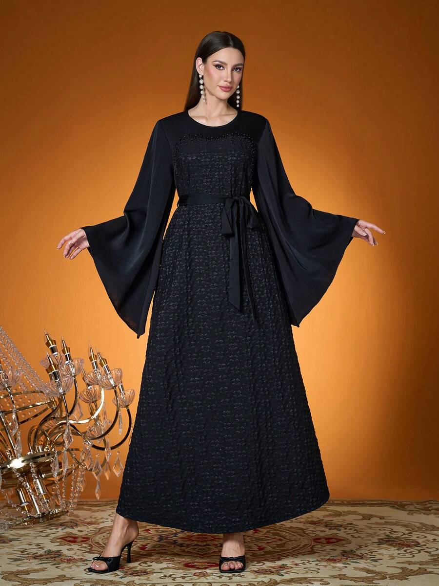 Elegante, Nova Chegada, Senhora, Cor Lisa, Tecido, Contas de Diamante, Plissado, Burca Árabe