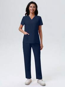 V-Neck Solid Color Pocket Short Sleeve Top And Pants Uniform Set Spring - Navy Blue - View 3