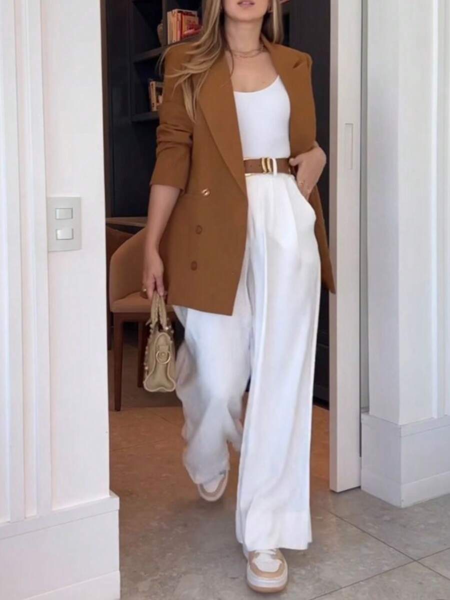 بنطلون نسائي بقصة واسعة وفضفاضة مع طيات، لون أحادي، مناسب للارتداء اليومي والسفر، موسم الربيع/الصيف