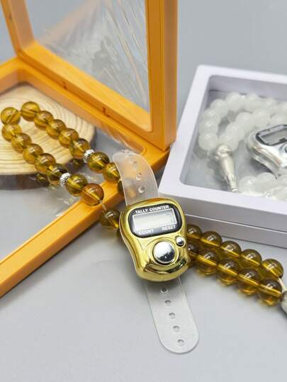 Hecho a medida para Oriente Medio! Contador electrónico de dos tonos (oro y plata) lujoso, emparejado con 33 cuentas de oración de vidrio claro de 8 mm para musulmanes, exquisito empaque de caja flotante, apropiado para la fe devota