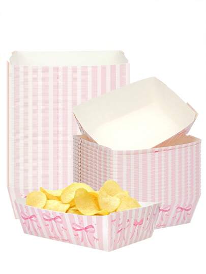 10 piezas/20 piezas/50 piezas Bandejas de papel para alimentos con moños rosas Feliz cumpleaños Platos con moños Decoraciones de cumpleaños Barcos para alimentos Bandejas de nachos para mujeres Princesa Fiesta de novia Decoración y suministros para la fiesta