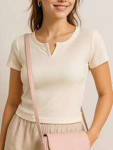 Camiseta de Mujer Ajustada de Canalé con Escote en V - Casual y Versátil para Diario Preguntar a ChatGPT - Beis - Ver 4