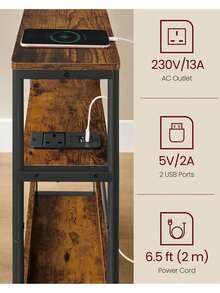 Slim Side Table With Charging Station, 3-Tier Narrow Bedside Table, End Table For Small Spaces, Magazine Rack, For Living Room, Bedroom, Study, Rustic Brown And Ink Black - UK Plug(220-240V) - View 4