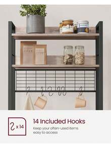 Kitchen Storage Rack With Power Outlet, Coffee Bar, Baker's Rack, With Metal Wire Panel, 14 Hooks, For Microwave, Steel Frame, 40 X 60 X 170 Cm, Greige And Ink Black - UK Plug(220-240V) - View 7