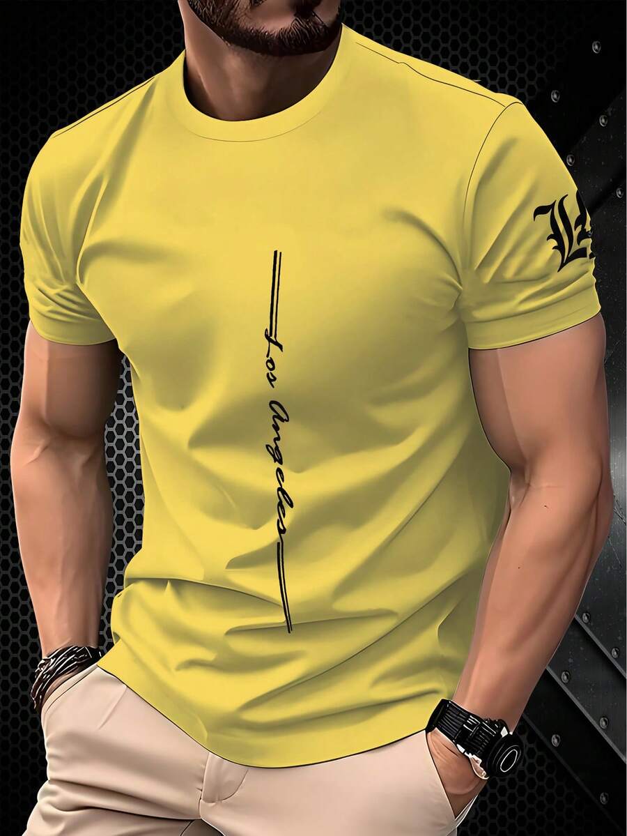 Men's Light Pink Quick-Dry Breathable Short Sleeve Crew Neck T-Shirt With "Los Angeles" Graphic Print - Perfect For Outdoor Sports - Multicolor - View 1