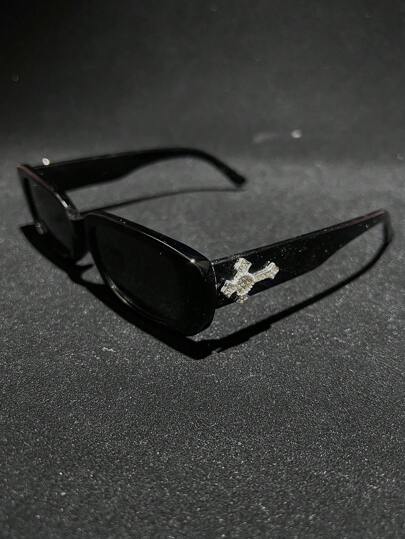 1pc Crystal Cross Heart Metal Decor Sunglasses, Retro Small Square Frame Tinted Vintage Classic Fashion Stylish Luxury Travel Eyewear, Tortoiseshell