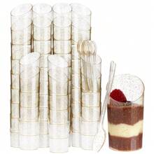 10/20/30/40/50 Piezas Vasos de postre de 2.5oz/80ml con cucharas, redondeados y en ángulo, de plástico transparente para parfait, aperitivos, pequeños vasos, cuencos para degustar postres y aperitivos en fiestas