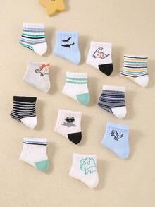 12 Pairs Of Baby Boys' Stretch Casual Mid-Calf Socks, Suitable For Baby Boys Aged 0-3. They Feature Dinosaur And Stripe Patterns, And Are Comfortable And Sweat-Absorbent.Baby Socks , Newborn Socks ,Toddler Socks - Multicolor - View 5