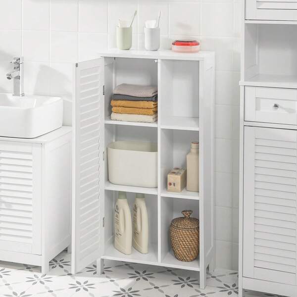 SoBuy Badkamerkast hoge kast – smalle badkamerkast met jaloeziedeur, ladekast voor kleine badkamers, vochtwerend houten badkamermeubel, wit, 48 x 96 x 24 cm, BZR39-W