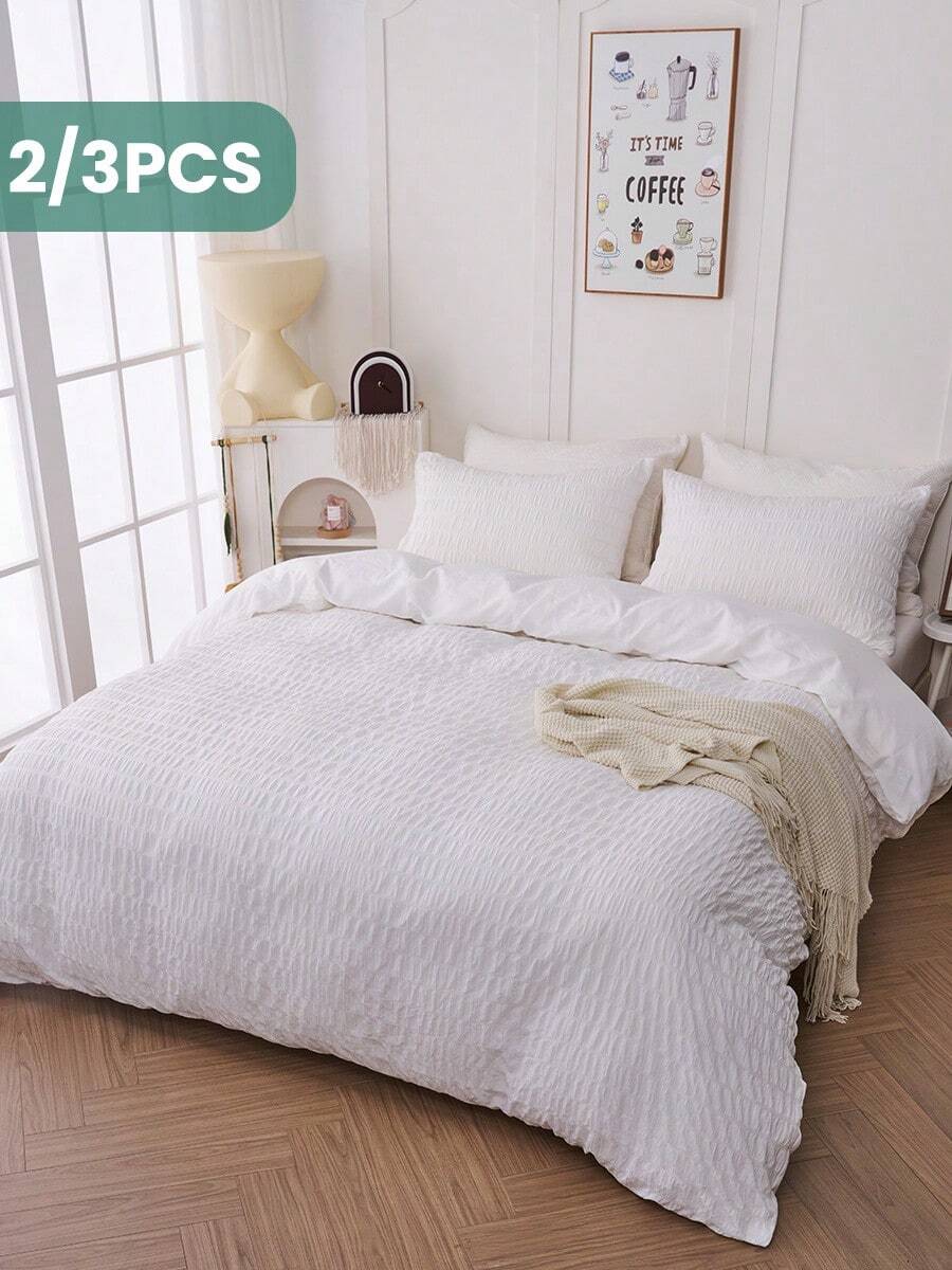 2/3 Pcs Duvet Cover Set, Bedding Set, Mothers Day Decor, Solid Color Seersucker Duvet Cover Set, Soft, Skin Friendly And Elastic, Lightweight And Ailky Smooth, Washed Microfiber Duvet Cover, Room Decor, For All Seasons, Bedding Set, Fits Twin/Full/King/Queen Size Bed, 1pc Duvet Cover And 2/1pc Pillowcase, Holiday Gifts, Mothers Day Gift - trắng - Xem 1