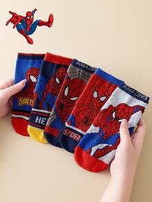 Marvel 5双装女士中筒袜，卡通蜘蛛侠图案，韩版风格，适合秋冬季穿着 - 彩色 - 查看 1