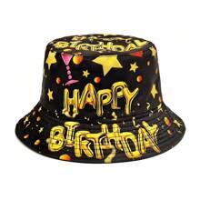 生日派对印花双面渔夫帽，户外旅行沙滩太阳帽